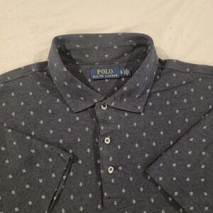 Polo Ralph Lauren Polo Shirt Mens M Navy Blue Heather Geometric Diamond AOP Knit